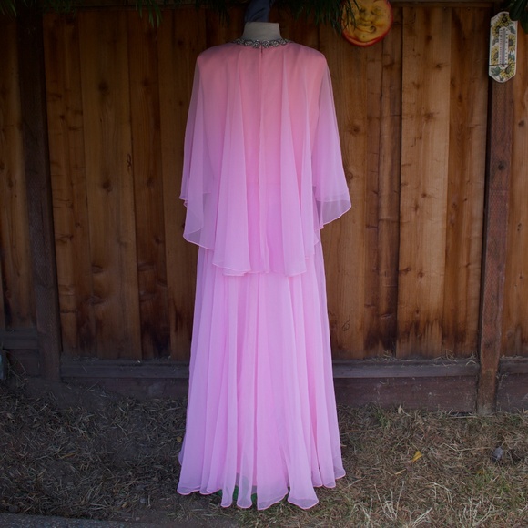 Vintage 1970's Mike Benet Formals Bubblegum Pink Chiffon Maxi Caplet Jewel Dress - Picture 13 of 17